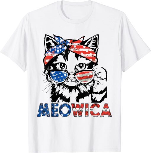 meowica cat Sunglasses american flag 4th of july merica usa Tee Shirt