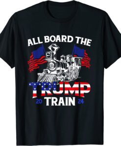 All Aboard Trump Train 2024 American Flag Trump Support Tee Shirt