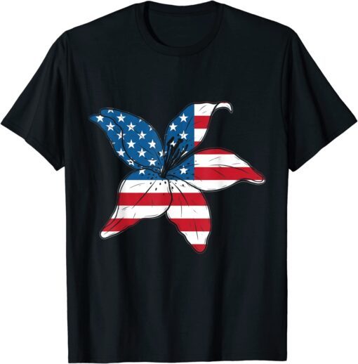 American Flag Lilly Flower Military Tee Shirt