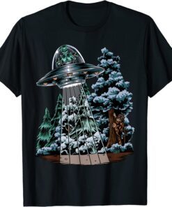 Bigfoot Hiding From Alien In A UFO Behind A Tree Forest Tee Shirt