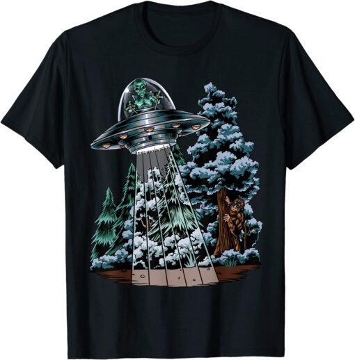 Bigfoot Hiding From Alien In A UFO Behind A Tree Forest Tee Shirt