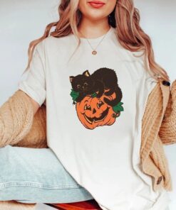 Black Cat on Pumpkin Halloween Tee Shirt