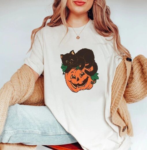 Black Cat on Pumpkin Halloween Tee Shirt