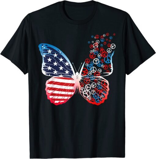 Butterfly Patriotic Stars Stripes Peace Signs 4th of July Tee Shirt