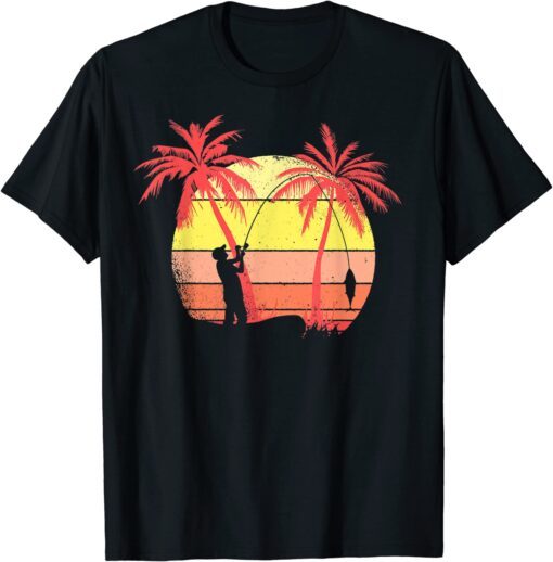 Fisherman Fishing From Boat Summer Sunset 80s Palm Tee Shirt