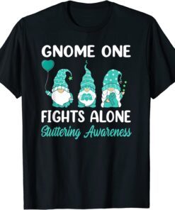 Gnome One Fights Alone Teal Ribbon Stuttering Awareness Tee Shirt
