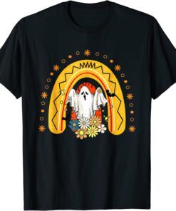 Groovy Spooky Season Pumpkin Floral Ghost Halloween Rainbow Tee Shirt