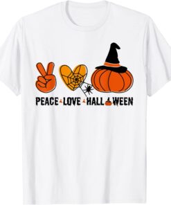 Halloween Skeleton Peace Love Halloween With Scary Pumpkin Tee Shirt