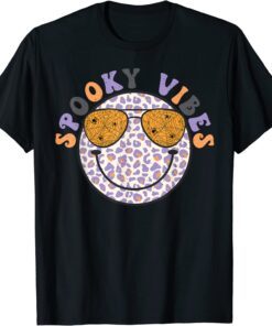 Happy Face Sunglasses Spooky Vibes Leopard Print T-Shirt