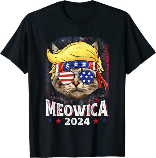 Meowica 2024 Trump Cat American Flag Patriotic 4th of July Tee Shirt