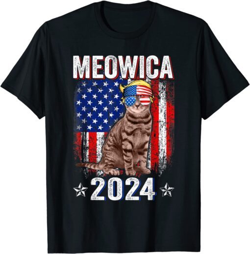 Meowica Cat American Flag Patriotic 4th Of July Trump 2024 Tee Shirt