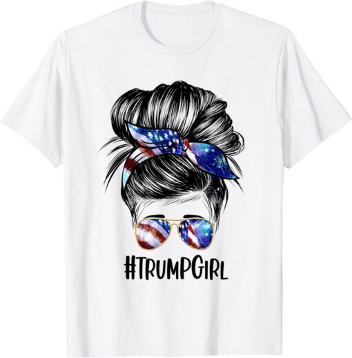 Messy Bun Mom US Flag Glasses Trump Girl July 4th Republican Tee Shirt