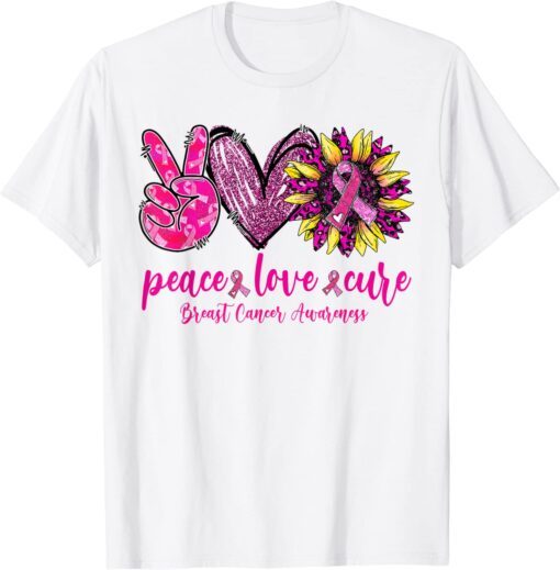 Peace Love Cure Pink Leopard Sunflower Breast Cancer Tee Shirt