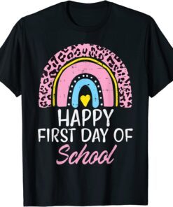 Pink Leopard Rainbow Happy First Day Of School Teacher Tee Shirt