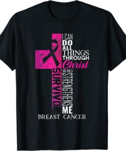 Pink Ribbon Breast Cancer Survivor Christian Cross Tee Shirt