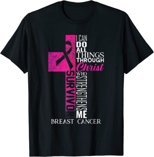 Pink Ribbon Breast Cancer Survivor Christian Cross Tee Shirt