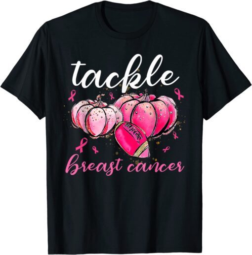 Pumpkin Tackle Breast Cancer Football Lover Pink Ribbbon Tee Shirt