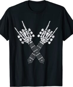 Rock & Roll Skeleton Hand Rock On Guitar Neck Tee Shirt