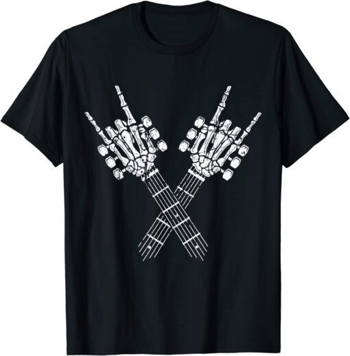 Rock & Roll Skeleton Hand Rock On Guitar Neck Tee Shirt