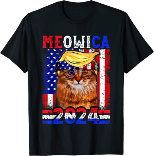 Trump 2024 Fourth Of July American Flag Cat Retro Meowica Tee Shirt