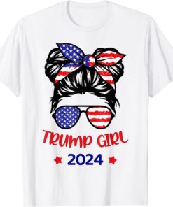 Trump Girl 2024 Messy Bun American Flag Take America Back Tee Shirt