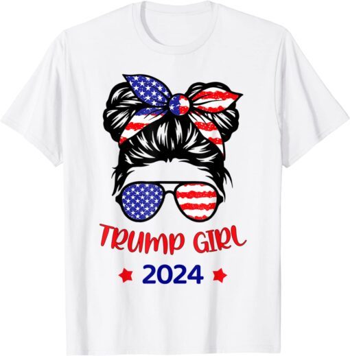 Trump Girl 2024 Messy Bun American Flag Take America Back Tee Shirt