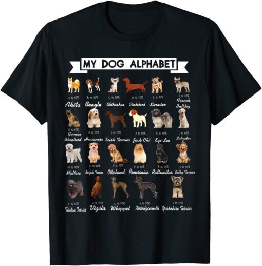 Types Of Dogs Alphabet A-Z ABC Dog Identification Dog Lover Tee Shirt