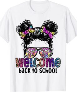 Welcome back to school daughter girls messy bun leopard cute Tee Shirt