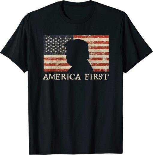 America First 2024 Pro Trump Silhouette US Flag Vintage Tee Shirt