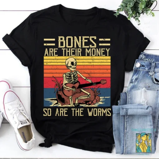 Bones Are Their Money Skeleton Playing Guitar Retro Vintage Tee Shirt