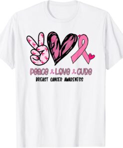 Breast Cancer Peace Love Cure In October We Wear Pink Ribbon Tee Shirt