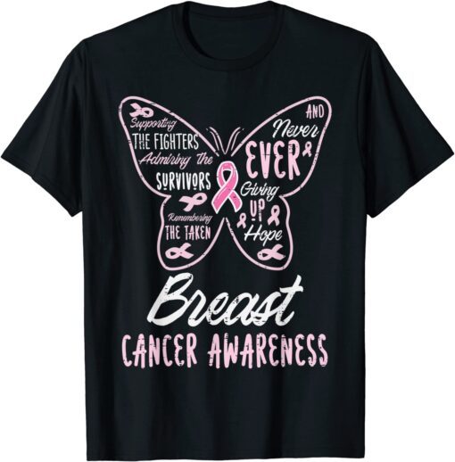 Butterfly Pink Supporting Fighters Breast Cancer Awareness Tee Shirt