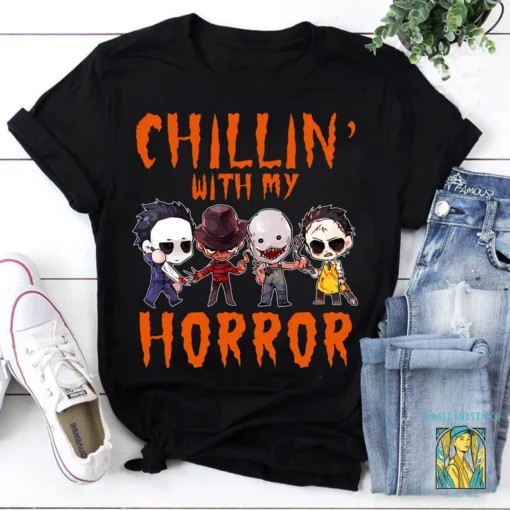 Chillin’ With My Horror Michael Myers Ghostface Freddy Krueger Chucky Tee Shirt