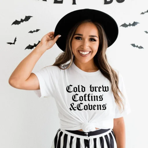 Cold Brew,Coffins & Covens Halloween Tee Shirt