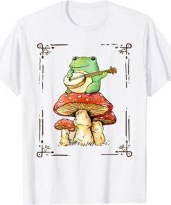Cottagecore Aesthetic Frog Playing Banjo on Mushroom Cute Tee Shirt