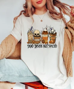 Dead Inside But Spice Fall Horror Coffee Latte Halloween Tee Shirt