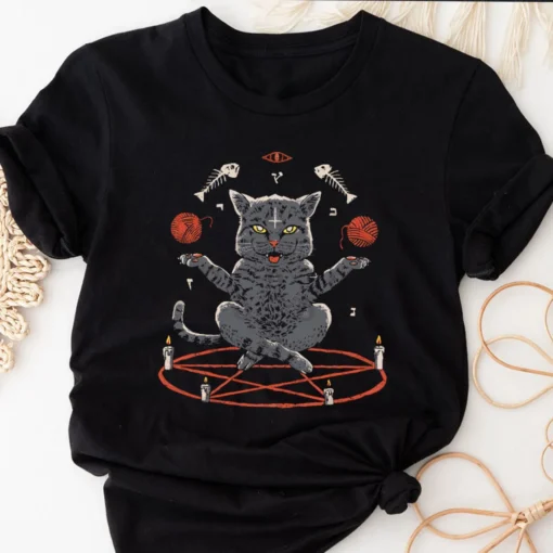 Devious Cat Halloween Black Cat Witch Tee Shirt