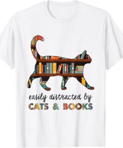 Easily Distracted by Cats and Books Cat & Book Lover Leopard Tee Shirt