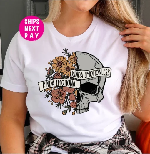 Floral Skull Kinda Emotional Halloween Tee Shirt