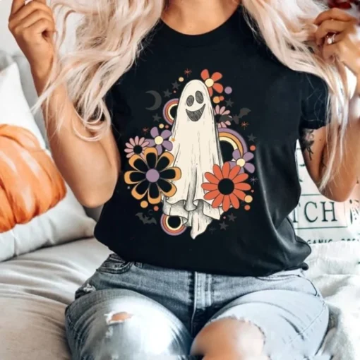 Flower Ghost Retro Halloween Tee Shirt