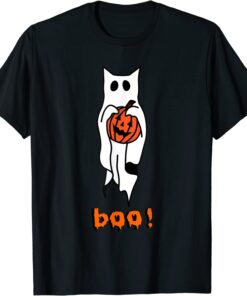 Ghost Cat Boo Halloween With Pumpkin Cute Halloween Tee Shirt