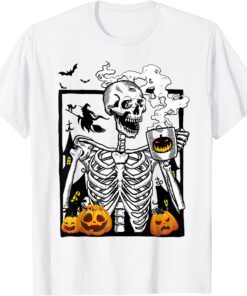 Halloween 2022 Skeleton Drinking Coffee Halloween Tee Shirt