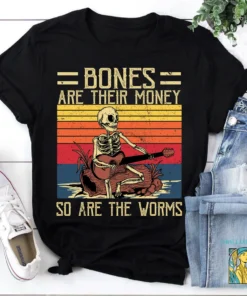Halloween Bones Are Their Money Skeleton Playing Guitar Retro Vintage Tee Shirt