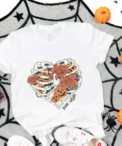 Heart Sekeleton Pumpkin Flower Halloween Tee Shirt