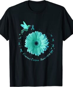 Hummingbird Sunflower Teal Ribbon Ovarian Cancer Awareness Tee Shirt