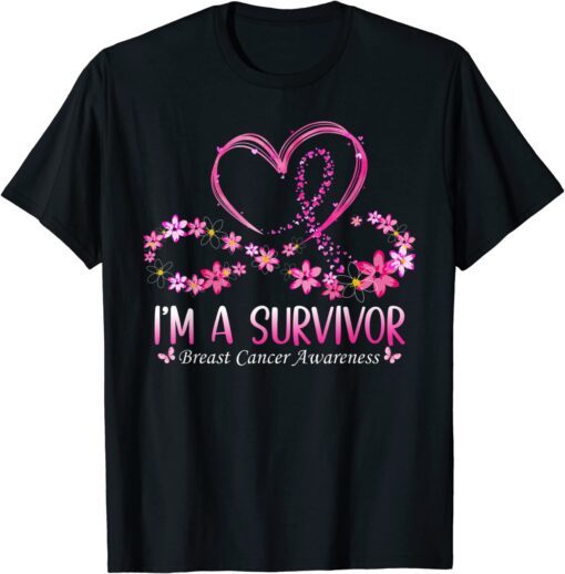 I'm A Survivor Breast Cancer Awareness Pink Ribbon Flower Tee Shirt