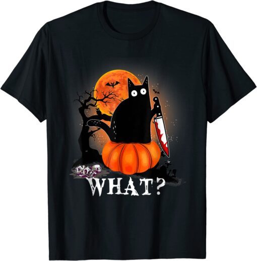 Killer Halloween Scary Moon Black Cat With Knife Pumpkin Tee Shirt