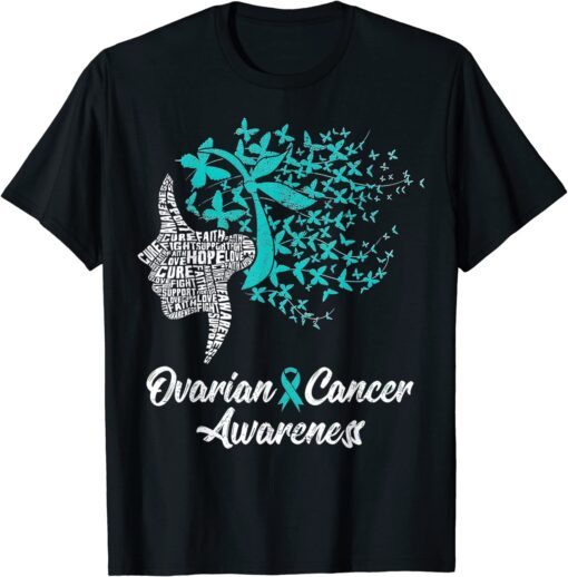 Ovarian Cancer Awareness Butterfly Teal Ribbon Tee Shirt