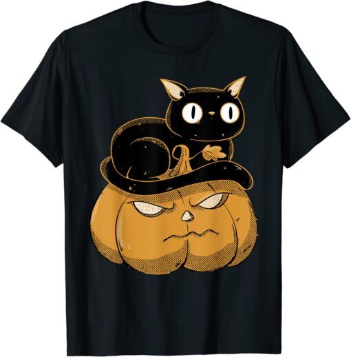 Pumpkin and Black Cat Halloween Kitty Costume Tee Shirt