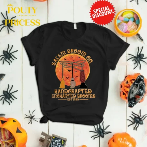 Salem Broom Co Handcrafted Enchanted Brooms Est 1629 Halloween Tee Shirt